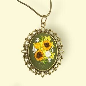 Handmade Sunflower Botanical Embroidery Cameo Necklace